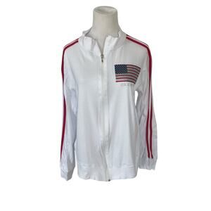 Women's L White Zip Up Lightweight Jacket Red White Blue Glitter Flag Stripe